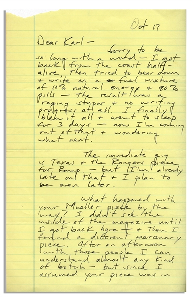 Lengthy Autograph Letter by Hunter S. Thompson -- ...If I weaken any further, I might break down & pray for deliverance...
